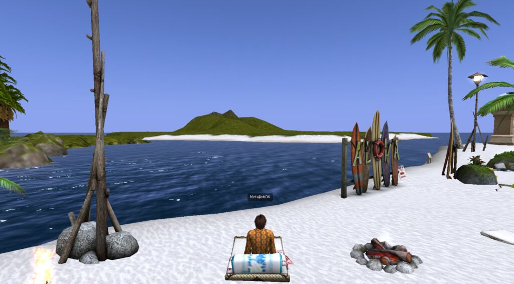 A beachfront location in Second Life.